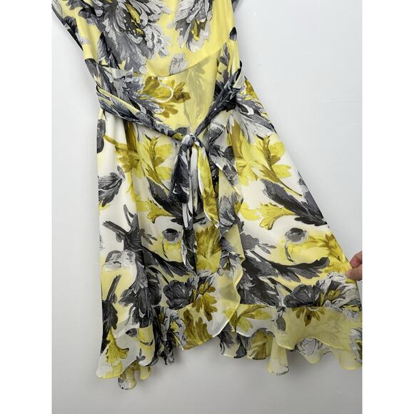Julian Taylor Size 14 Floral Dress Sleeveless Belted Yellow Black White - Picture 2 of 8